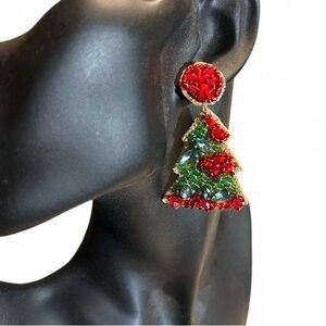 Beaded Sparkly Red and Green Christmas Tree Holiday Party Pierced Earrings